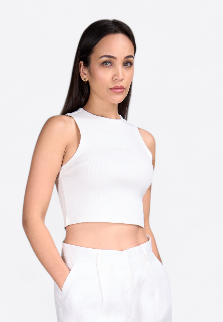 High Neck Off White Crop Top