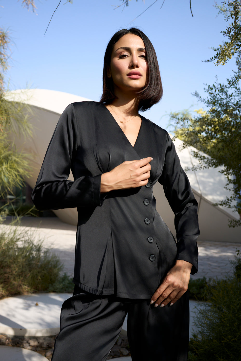 Noir Étoile Satin Wrap Top