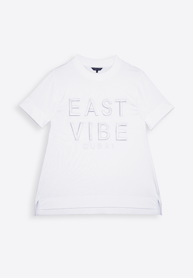 Casual white T-shirt on plain background, front view – East Vibe
