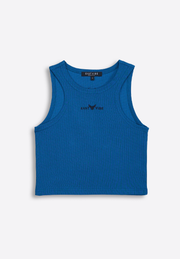 Navy crop tank top on plain background, East Vibe
