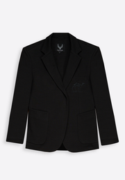 Classic black cotton blazer on plain background, East Vibe
