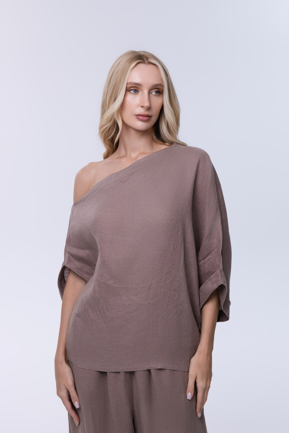 Aurelia Taupe Linen Draped Top
