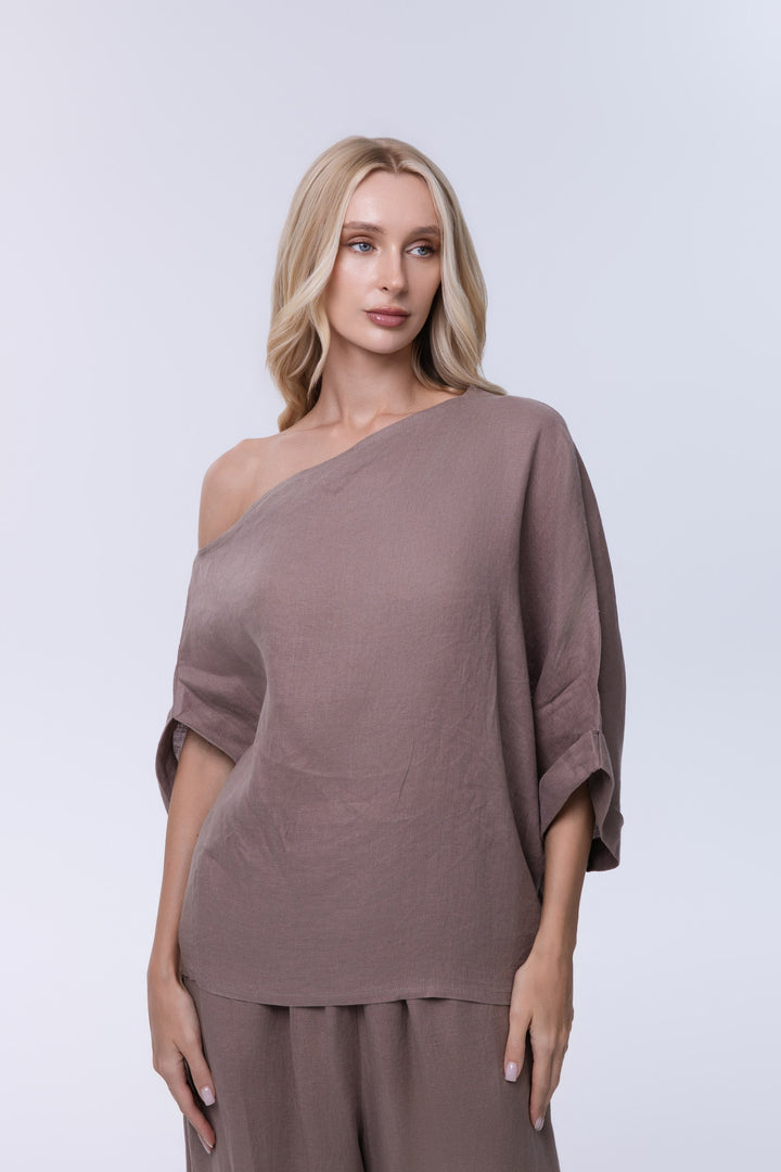 Aurelia Taupe Linen Draped Top