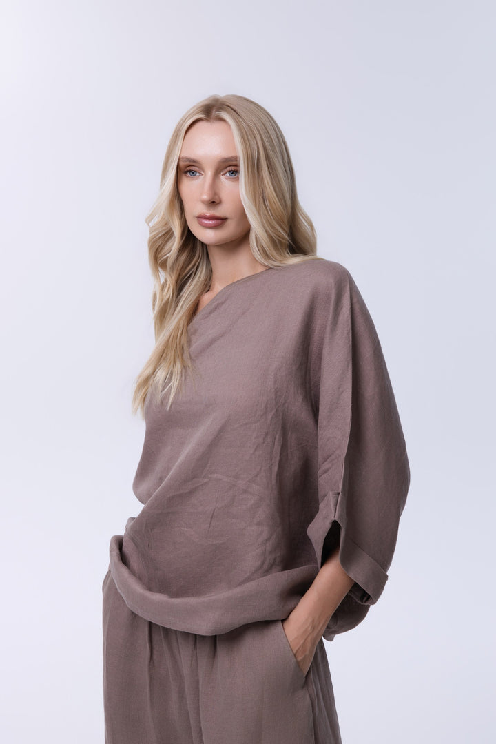 Aurelia Taupe Linen Draped Top
