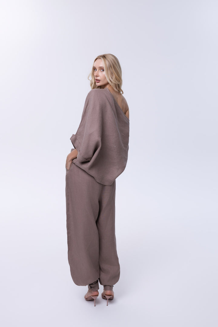 Aurelia Taupe Linen Tapered Trousers