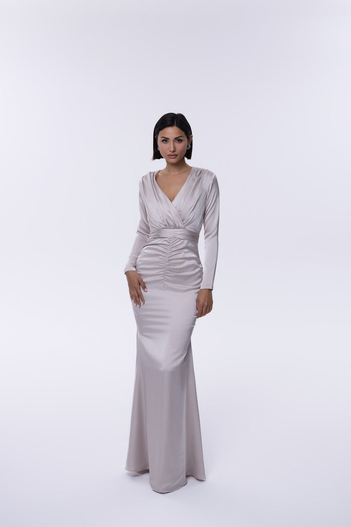 Aurelia Champagne Beige Ruched Maxi Dress