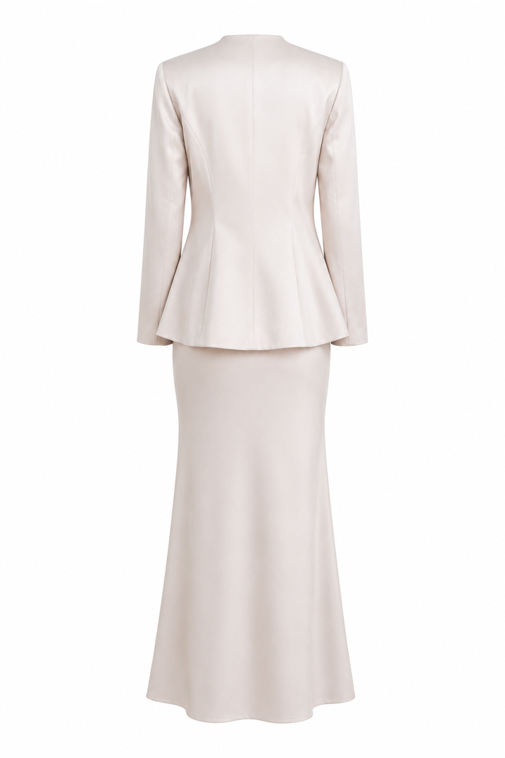 Back view of Maison ivory blazer maxi skirt set by East Vibe