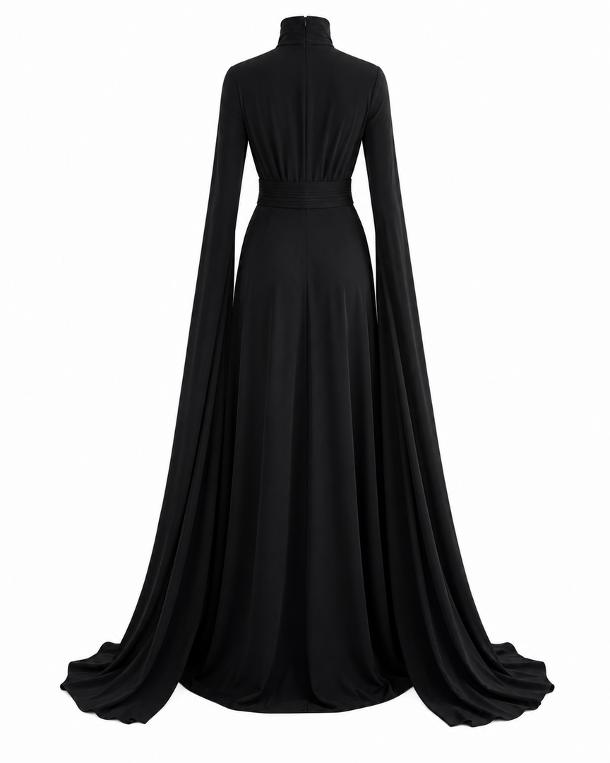 Black long-sleeve gown on a white background