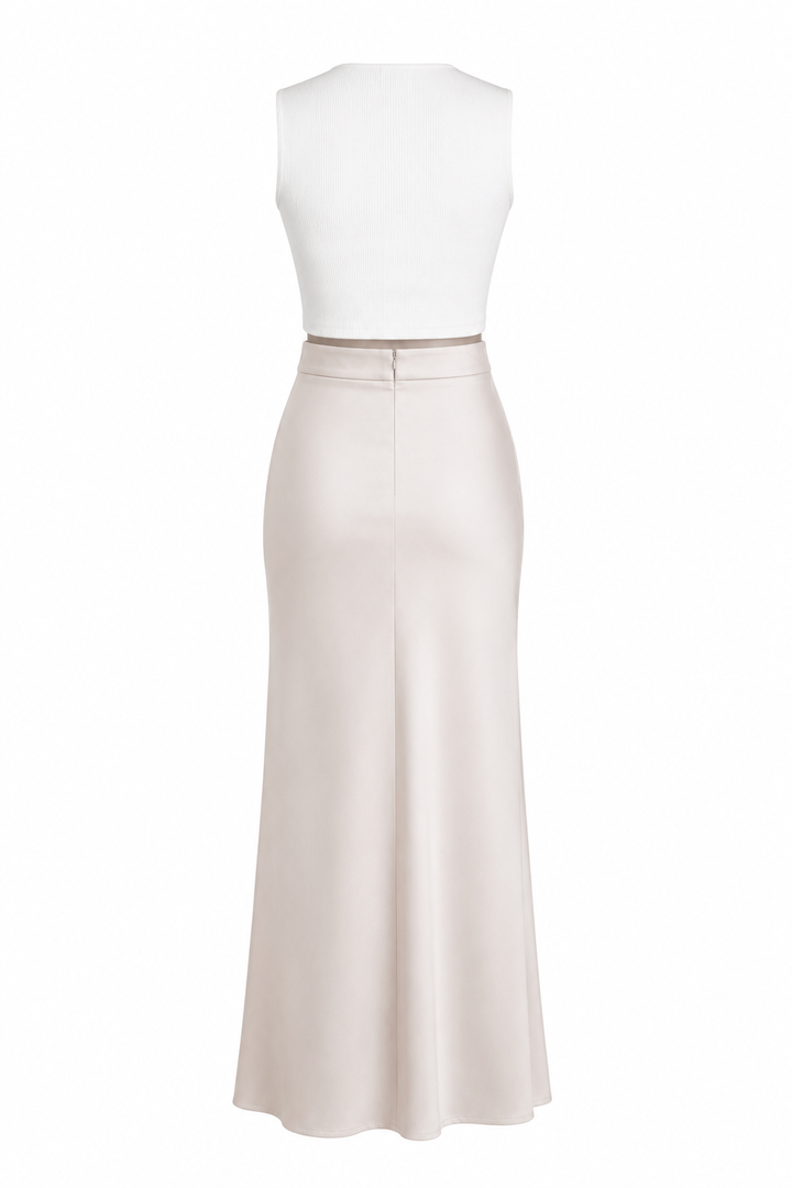 Back view of Maison ivory crop top and maxi skirt set by East Vibe