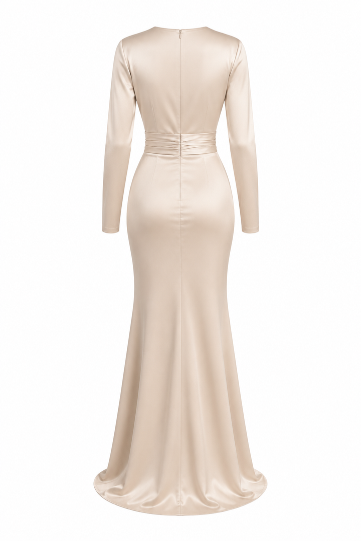 Back view of Aurelia champagne beige ruched maxi dress by East Vibe