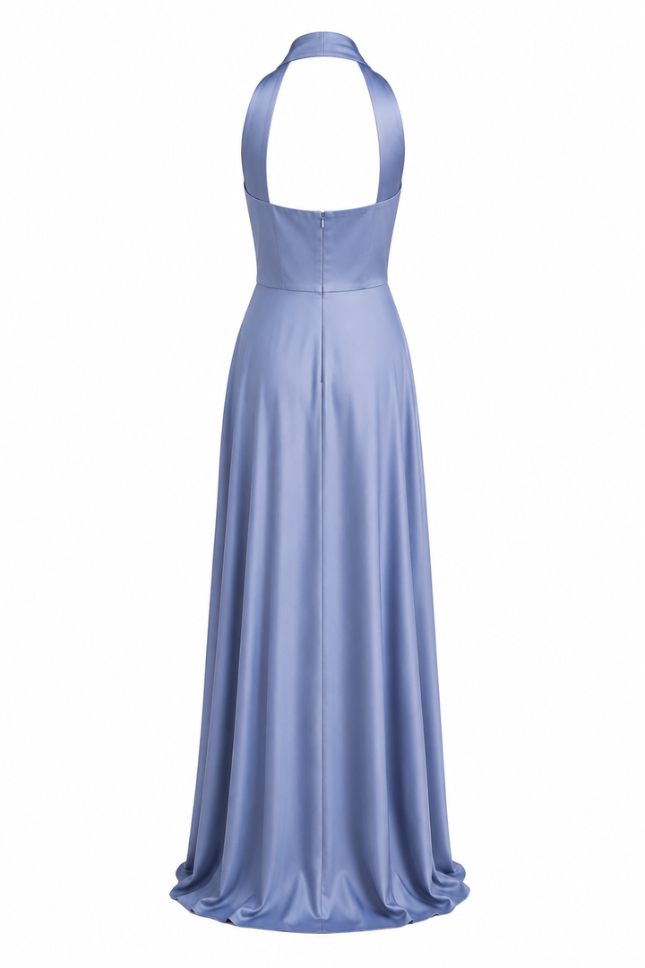 Back view of Celeste blue satin halter maxi dress by East Vibe