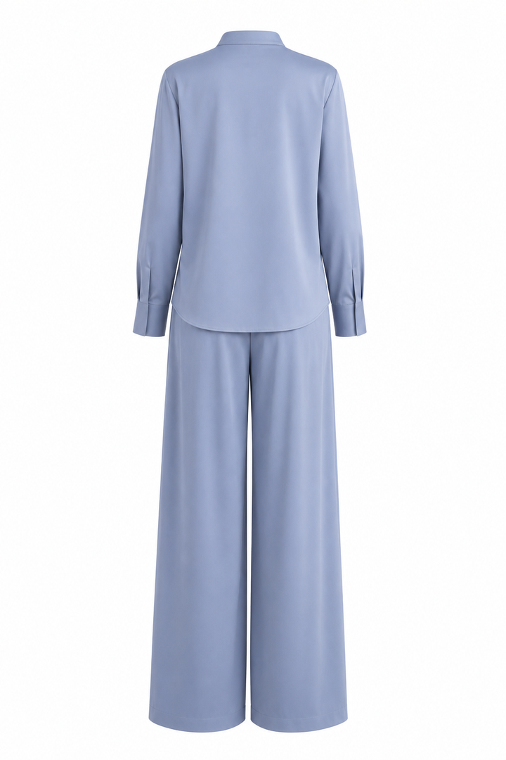 Back view of Ayla steel blue wide-leg co-ord set by East Vibe