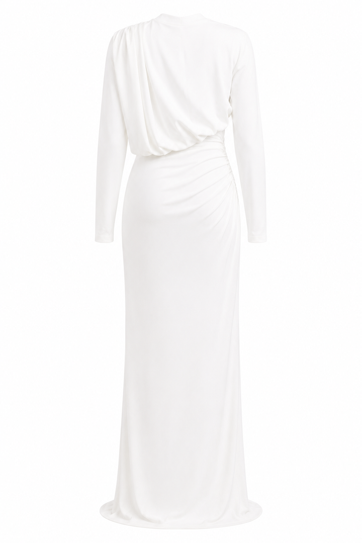 Back view of Seraphine white draped maxi dress by East Vibe