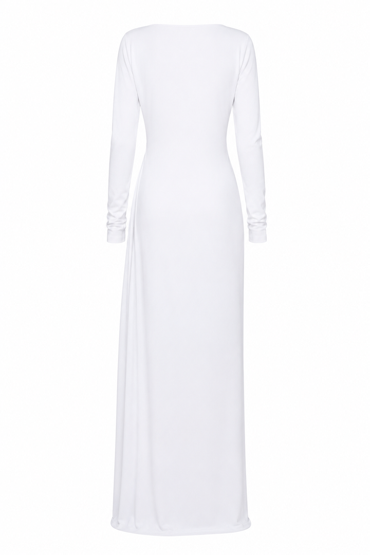 Back view of Noor white ruched draped maxi dress by East Vibe