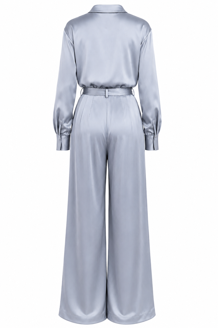 Back view of Elara silver blue satin shirt co-ord set by East Vibe