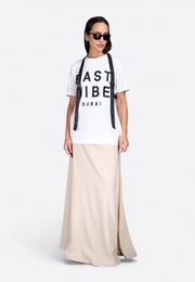 Model wearing 3D embroidered T-shirt, front view – East Vibe
