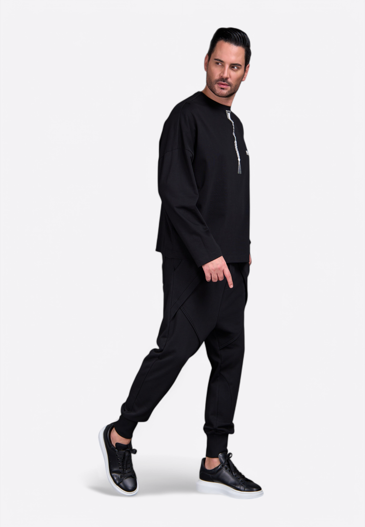 Black men’s sweatshirt with tassel and EV monogram by East Vibe