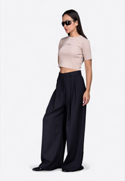 Beige Crewneck Crop Top, front view, model wearing – East Vibe
