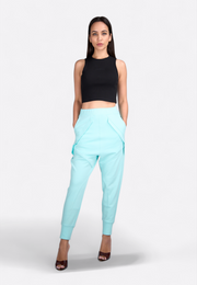 Front view of high-neck black crop top on model, East Vibe
