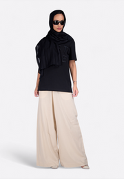 Model wearing embroidered scarf, front view – East Vibe

