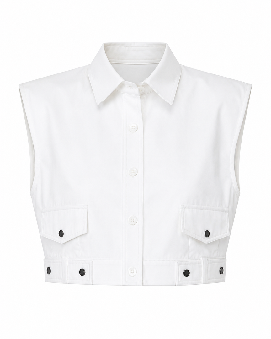 White sleeveless shirt with black button details on a white background