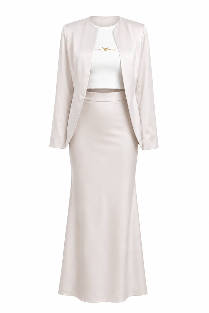Maison ivory blazer maxi skirt set front view by East Vibe