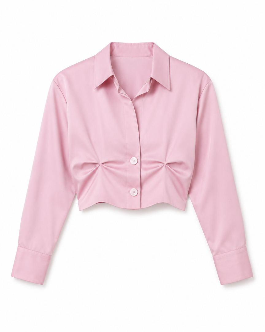 Pink cropped blouse with a knot detail on a white background