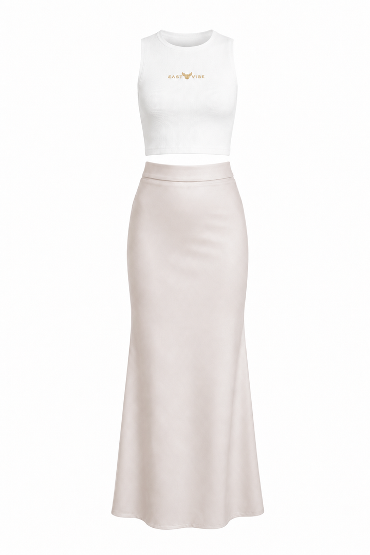 Maison ivory crop top and maxi skirt set front view by East Vibe
