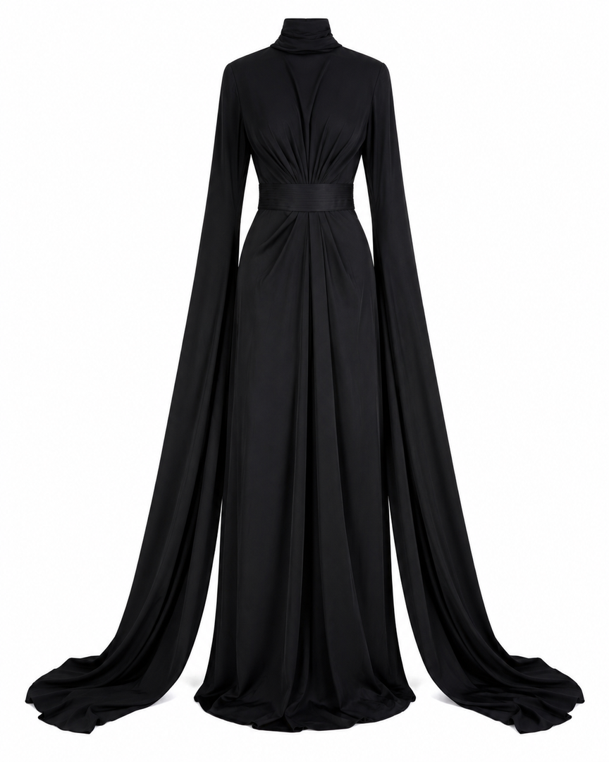 Black evening gown with long sleeves on a white background