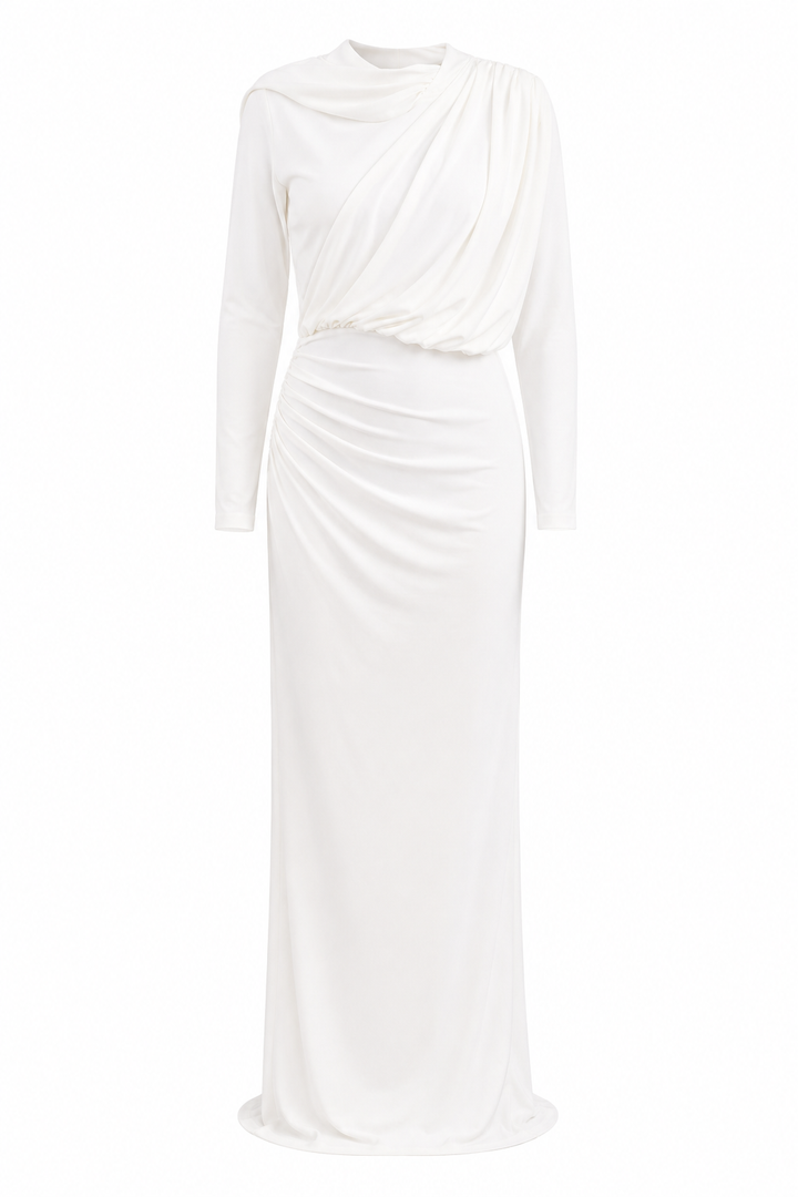 Seraphine white draped maxi dress front view by East Vibe