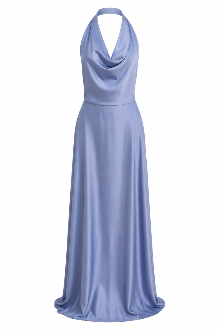 Celeste blue satin halter maxi dress front view by East Vibe