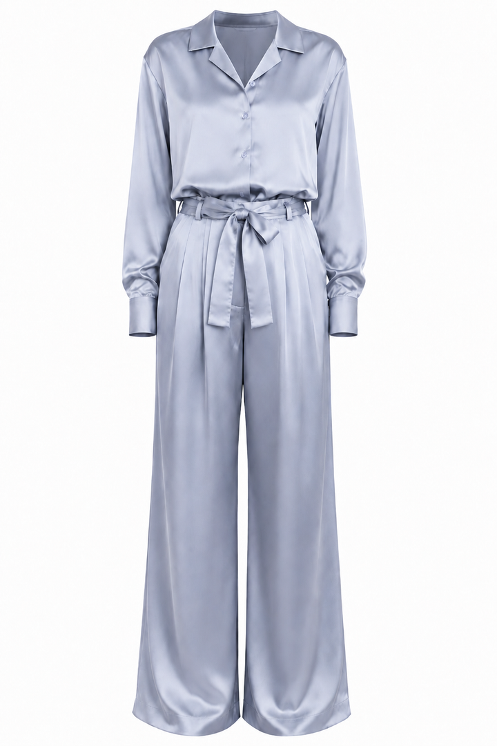 Elara silver blue satin shirt co-ord set front view by East Vibe