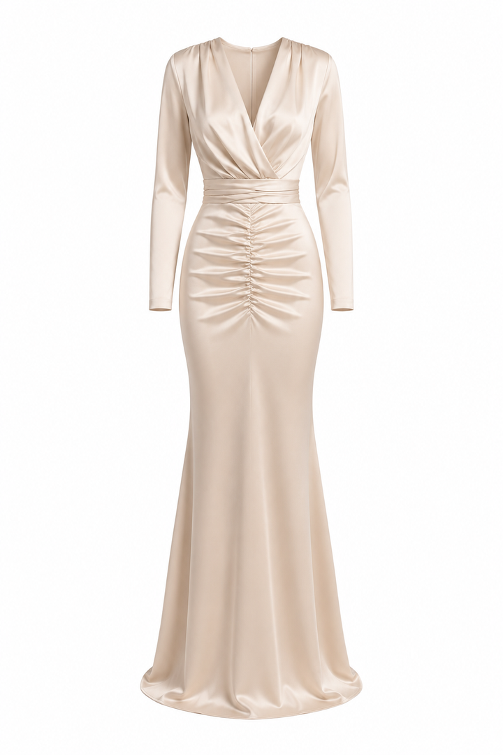 Aurelia champagne beige ruched maxi dress front view by East Vibe