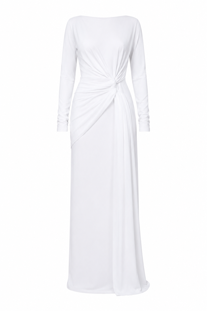 Noor white ruched draped maxi dress front view by East Vibe