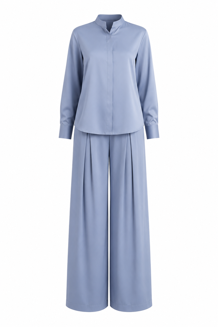Ayla steel blue wide-leg co-ord set front view by East Vibe