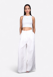 High Neck White Crop Top – Full Front View, Model Wearing – East Vibe
