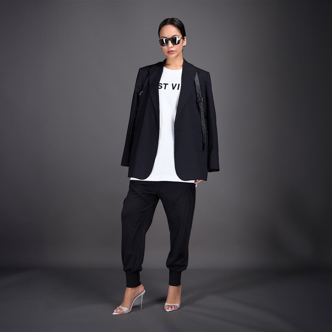 Model wearing 3-in-1 linen jacket and pants, front view – East Vibe
