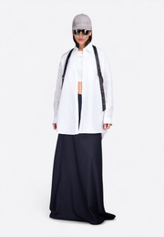 Oversized leather-belted white shirt, front view – East Vibe
