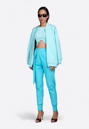 Model wearing luxury zip-through Tiffany jacket, front view – East Vibe
