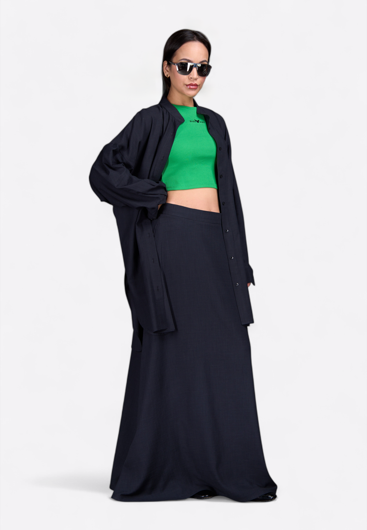 Front angled view of EMIRATES LIMITED Long Shirt – East Vibe, worn by a model.
