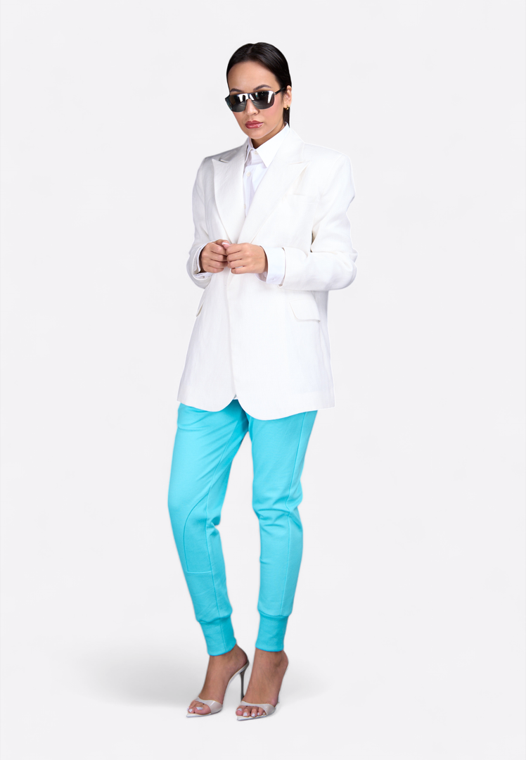 Tailored white linen blazer, front close-up – East Vibe
