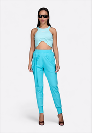 Model wearing curved hem tank top, front view – East Vibe

