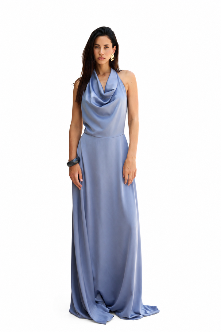 Model wearing Celeste blue satin halter maxi dress by East Vibe