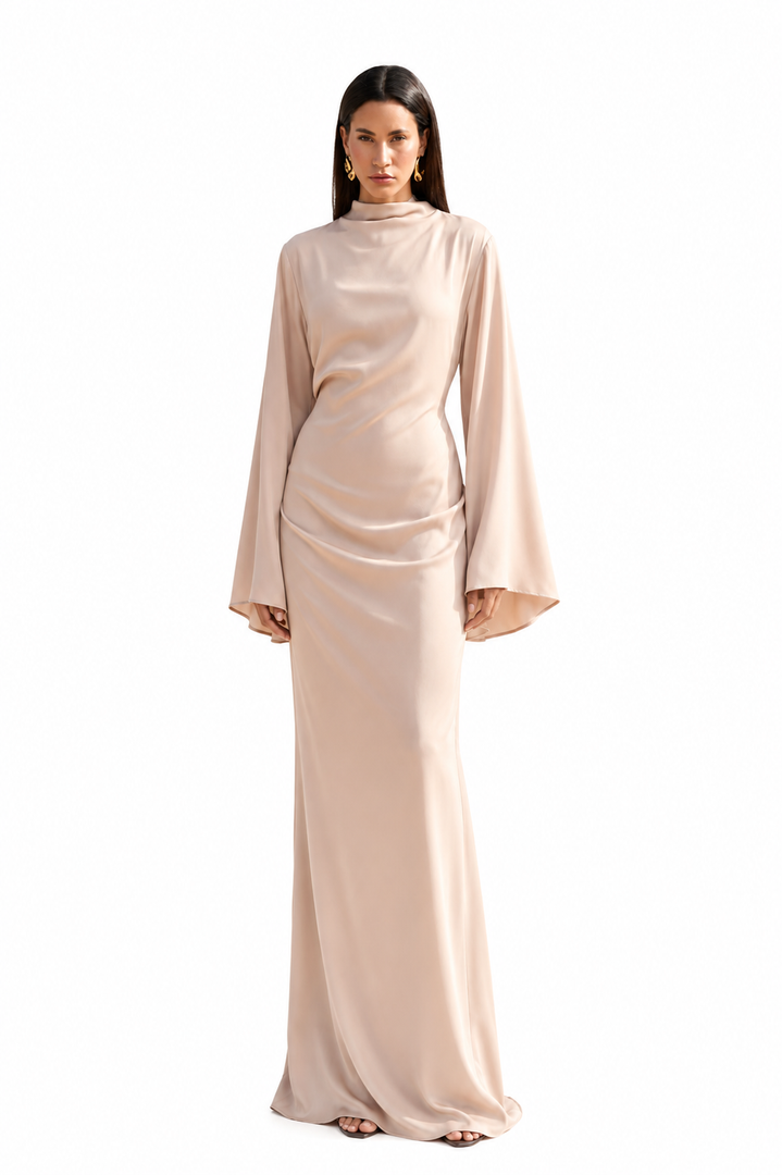 Model wearing Layali blush draped maxi dress by East Vibe
