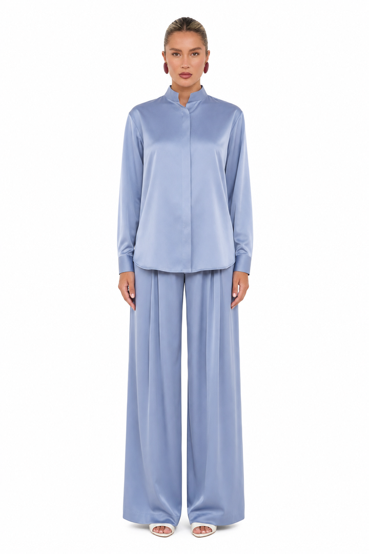 Woman wearing Ayla steel blue wide-leg co-ord set by East Vibe