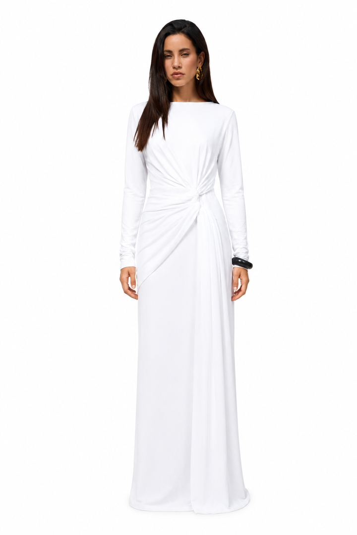 Woman wearing Noor white ruched draped maxi dress by East Vibe