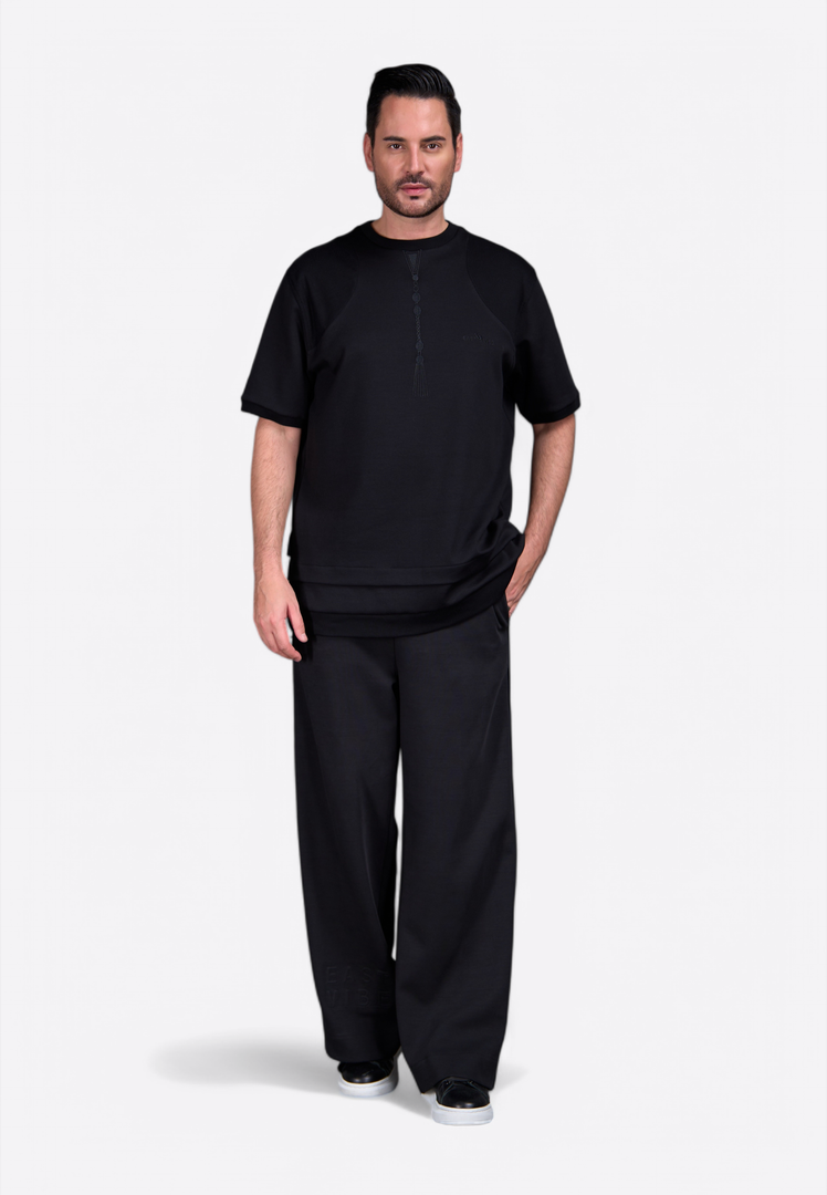 Black T-Shirt with Embroidered Tassel