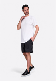 Model wearing off-white t-shirt by East Vibe