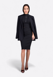 Model wearing high-waist slim-fit pencil skirt with black formal coat, East Vibe
