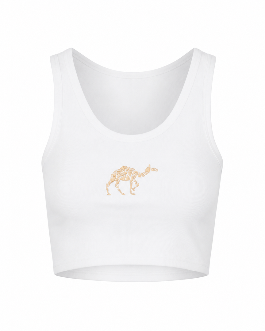 White crop top with a gold embroidered camel design on a white background